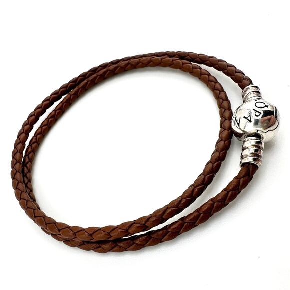 Pandora 925 Sterling Silver Medium Brown Braided Leather Wrap Charm 14” Bracelet - Picture 4 of 8